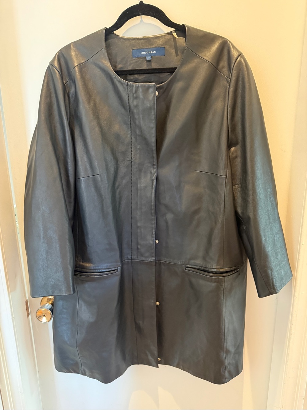 Cole Haan Genuine Leather Long Collarless Coat Black 2X